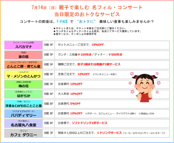 ハートフルコンサート(7/14)のT-FACE飲食店サービスについて